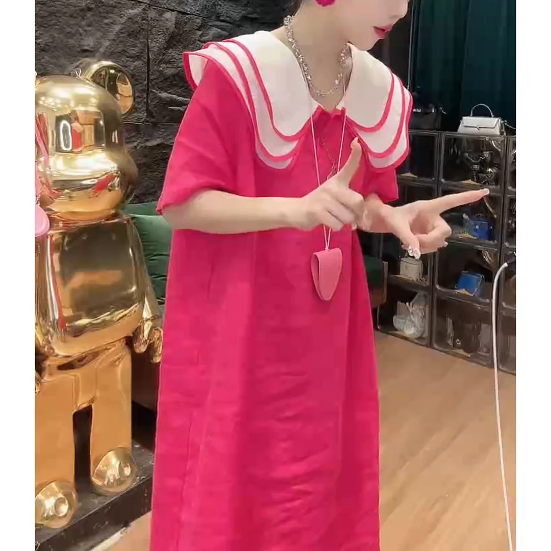 时尚短袖连衣裙女夏季新款小个子气质显瘦娃娃领拼色中长款裙子潮