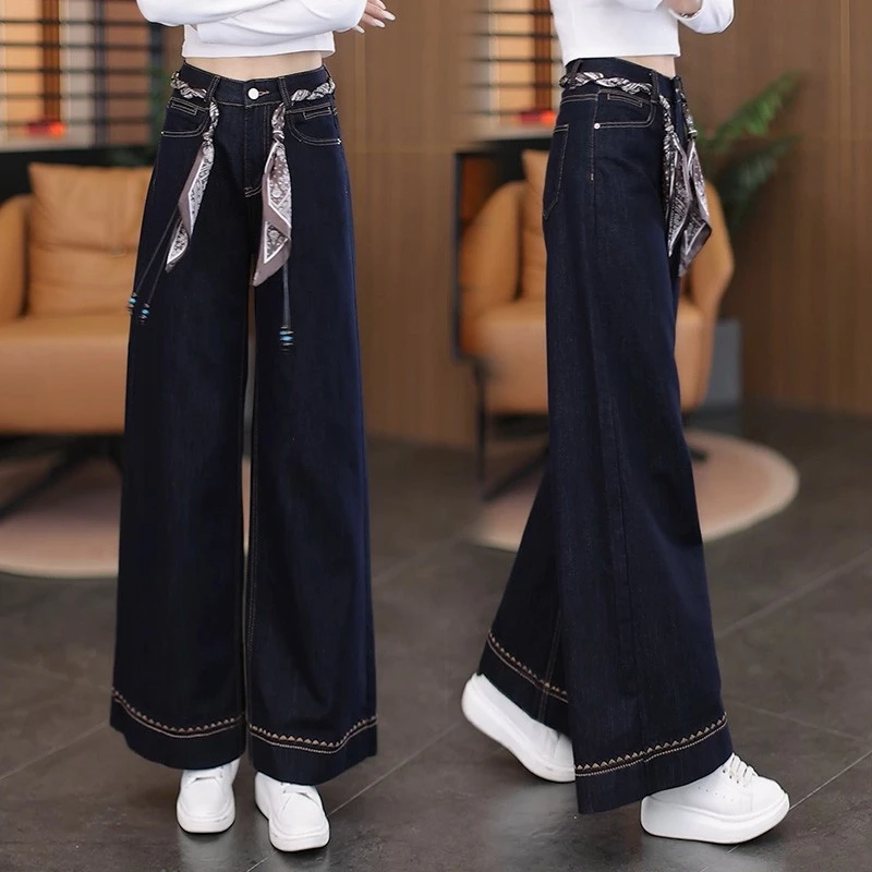 垂感阔腿牛仔裤女2025秋季新款丝巾腰绳高腰宽松遮肉显瘦微喇裤子
