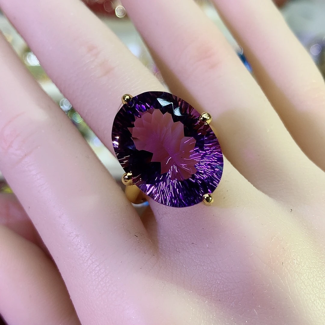 紫晶戒指银S925镀金镶嵌