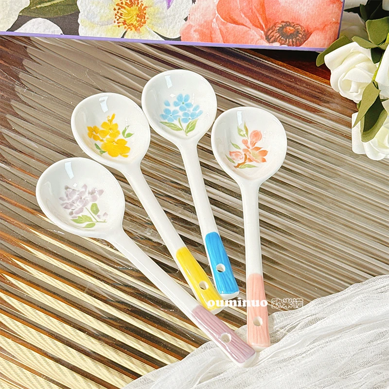 【一路生花】陶瓷家用手绘勺子4支釉下彩创意小清新4个复古元素可爱
