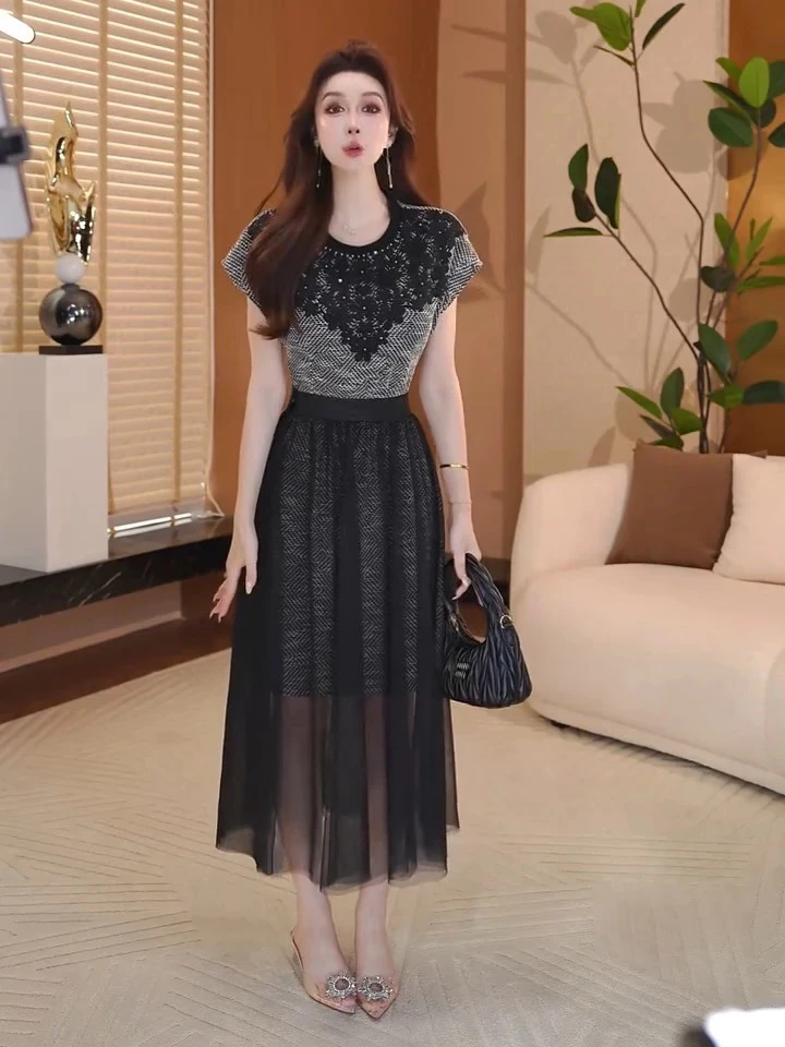 蕾丝小香风连衣裙套装2025夏季新款时尚T恤裙+网纱半身裙两件套