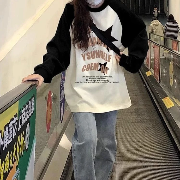 秋季新款包领撞色拼接长袖宽松拼接袖中长款打底衫t恤女学生上衣