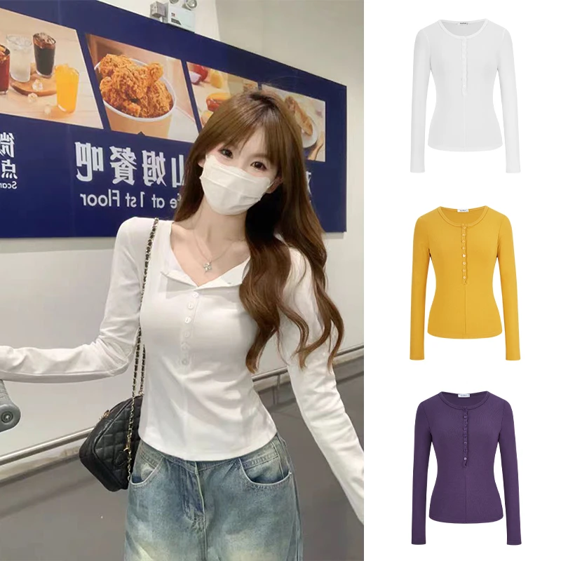 勃肯领排扣设计辣妹长袖T恤修身显瘦上衣