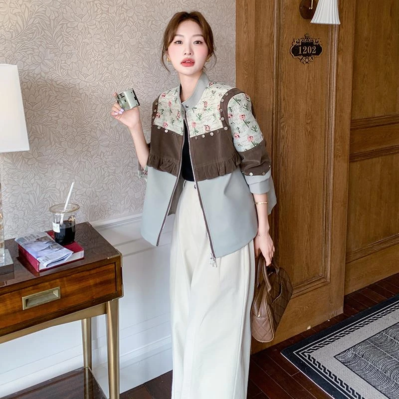 韩系独特别致小众短外套女2025春季新款时尚碎花拼接立领夹克上衣