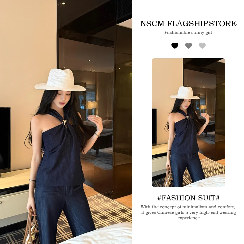 NSCM夏季新款纯欲慵懒风女装美式挂脖吊带露肩上衣显瘦直筒阔腿裤
