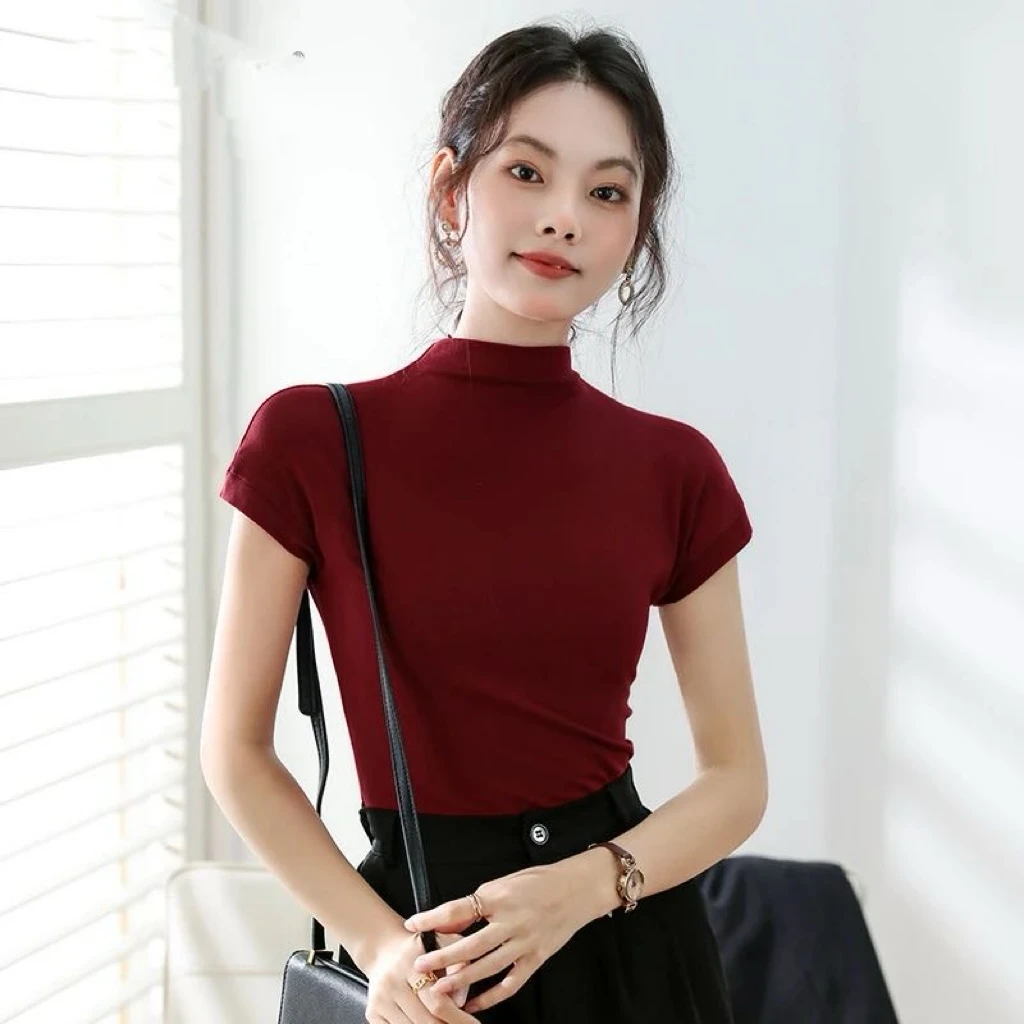 春夏新款纯色气质百搭立领短袖t恤网红多巴胺上衣内搭修身显瘦