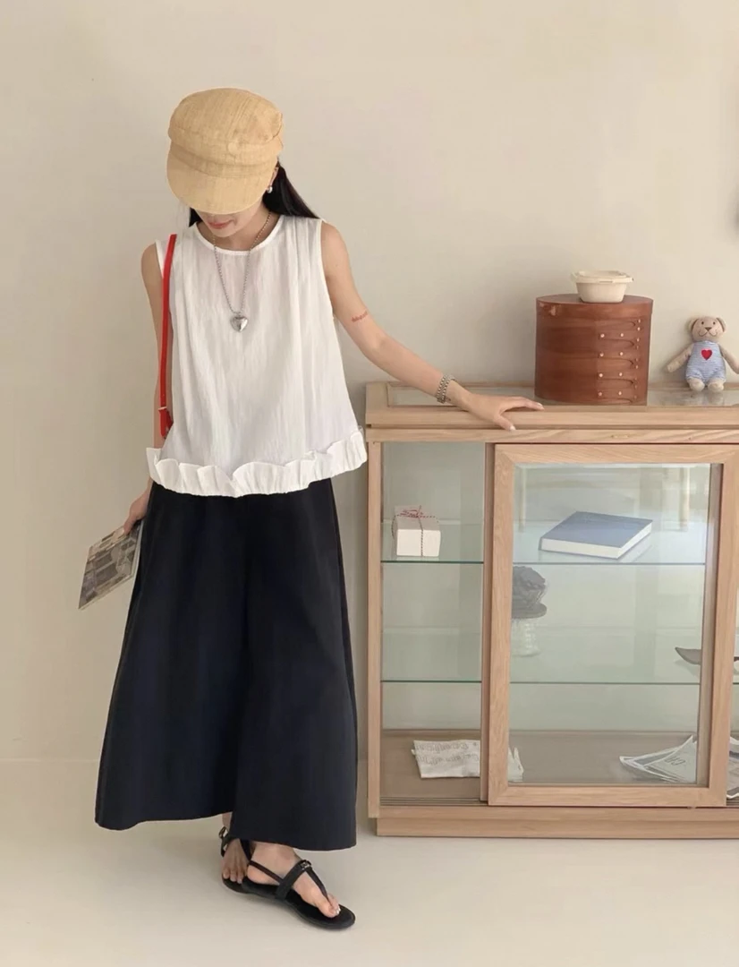 灰灰呀！5102 韩系复古设计感简约百搭花边无袖背心衬衫