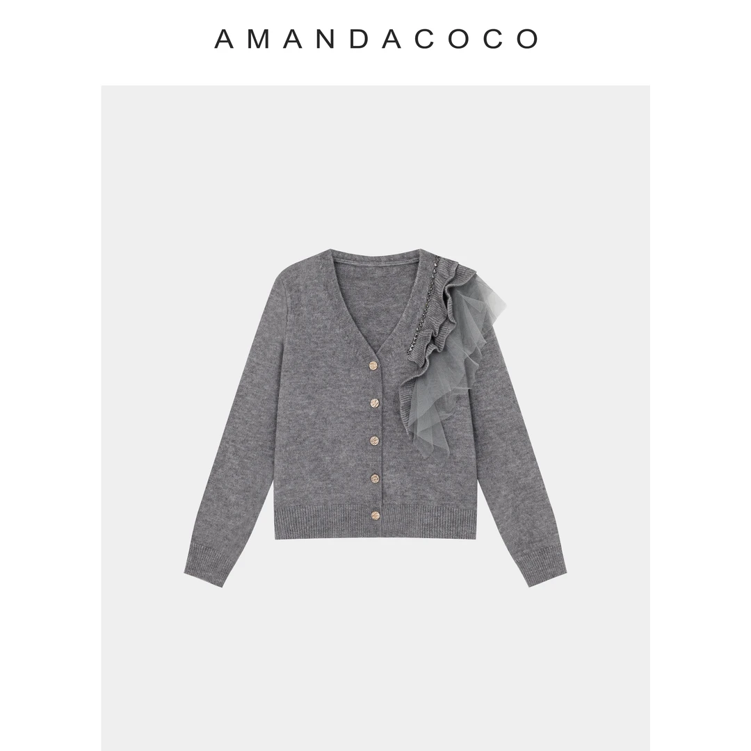 法式邂逅～25秋冬设计感串钻v领网纱荷叶边气质针织衫