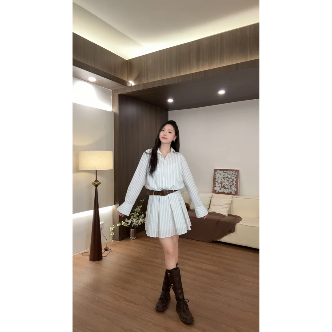48h【 旷野遐想 】加长秋季老钱风长袖条纹衬衫短款连衣裙 25034