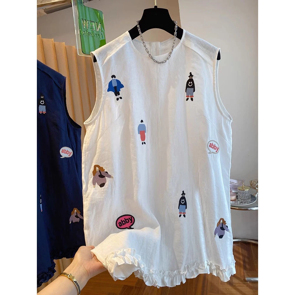 胖妹妹240斤大码重工刺绣花边背心T恤女夏高级感宽松显瘦无袖上衣