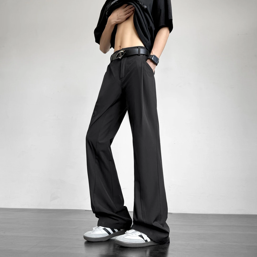 美式冰丝凉感裤子男夏季高街明线阔腿休闲裤潮牌拼接直筒运动裤