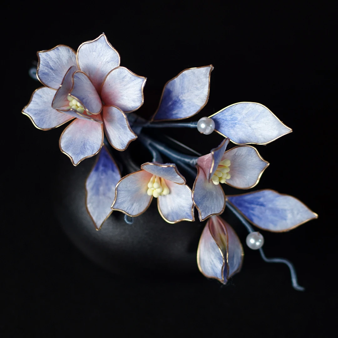 非遗绒花丨青花 纯手工国风新中式桑蚕丝线掐丝绒花发边夹