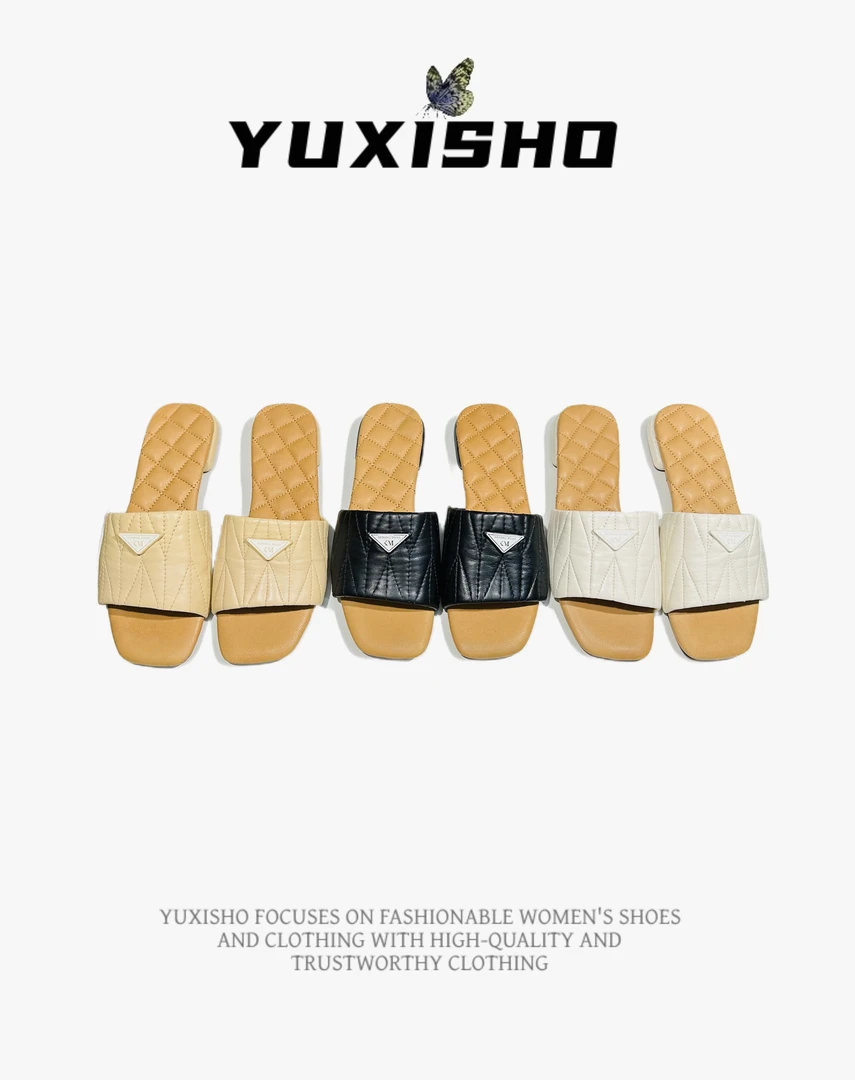 语汐｜YUXISHO女士高端平跟露趾时尚羊皮拖鞋真皮一字带凉拖鞋