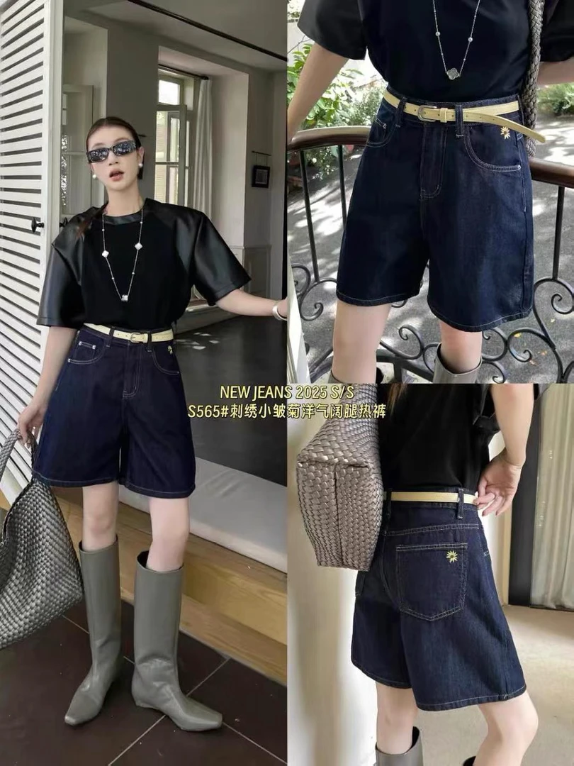 【云云精选】565 夏季深蓝色小雏菊刺绣四分裤