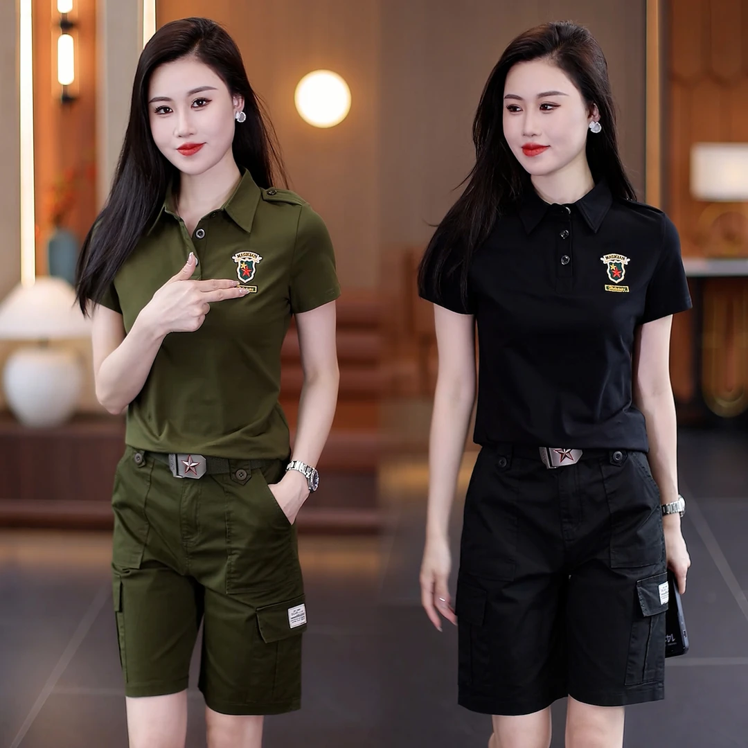 迷彩服套装女修身翻领短袖T韩版工装五分短裤时尚大码休闲两件套