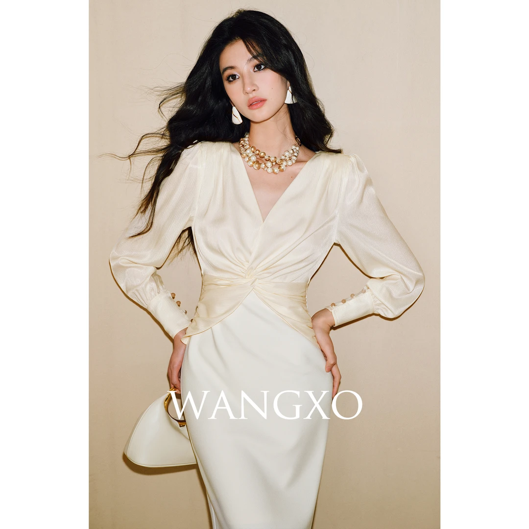 WANGXO V领撞色拼接扭结收腰显瘦连衣裙 2401691W