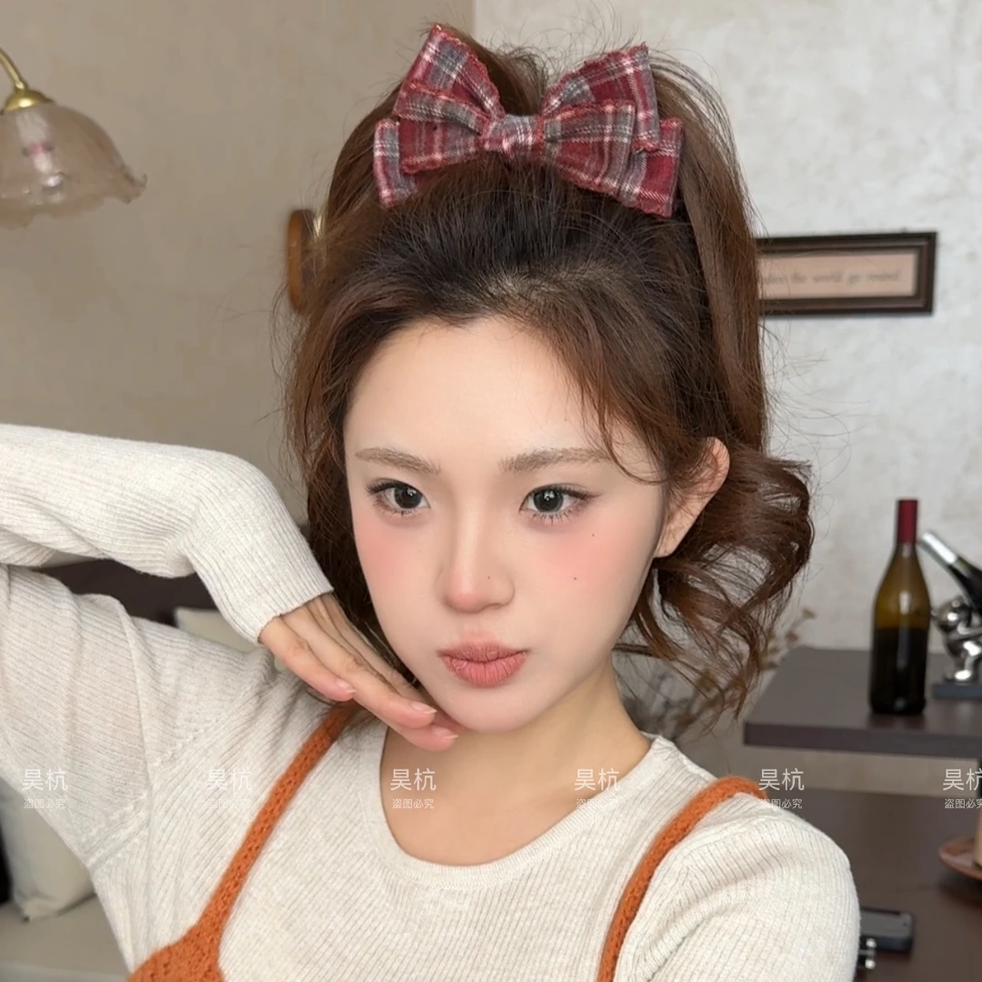 复古木耳边～学院风三层蝴蝶结大号格纹纹理感包边甜妹丸子夹抓夹