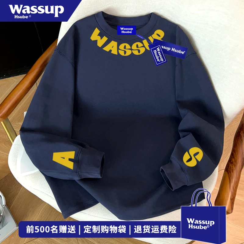 WASSUP HSUBE美式高街vibe字母印花藏青色长袖T恤男设计感打底衫