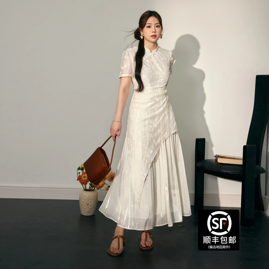 蓝语大码女装新中式拼接提花旗袍裙子2025夏季胖mm国风显瘦连衣裙