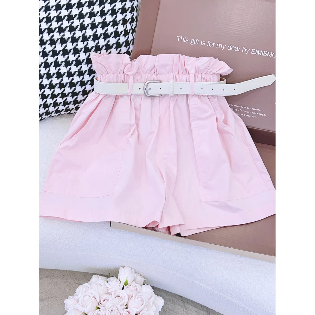 丨春夏新款时尚百搭粉色高腰松紧腰短裤 MS2261