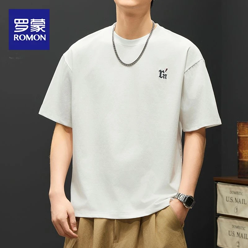 罗蒙2025短袖T恤夏季日系简约刺绣半袖印花潮流百搭美式体恤男装