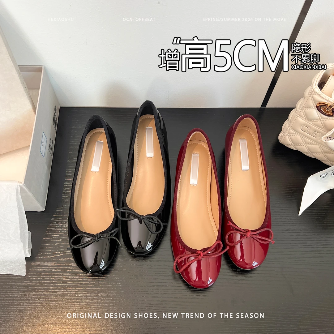 真皮版~法式圆头浅口平底内增高单鞋女2025新款蝴蝶结芭蕾舞瓢鞋