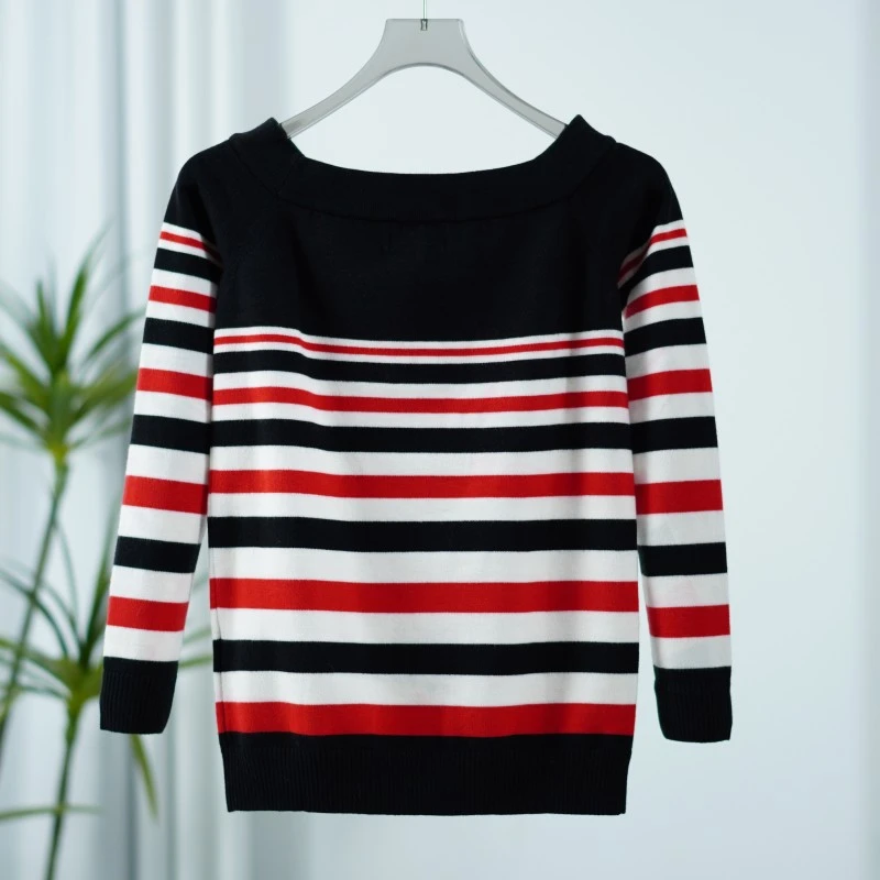 尚系列  Z1317-5 （瑕疵褪色） 女装简约一字领条纹毛衣黑色1707177