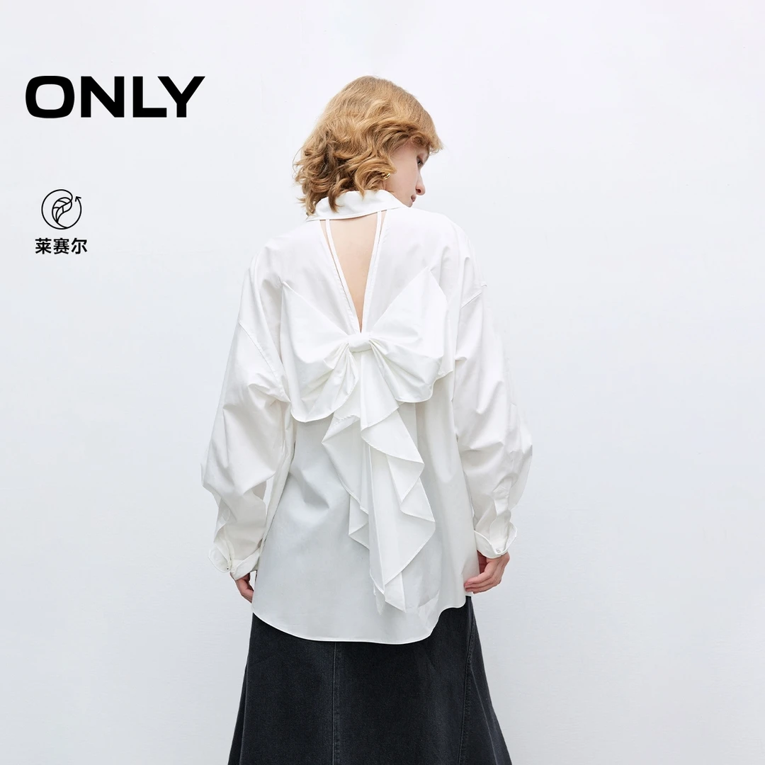 ONLY2025春游出行优雅风露背立体蝴蝶结纯色长袖衬衫女|125205012