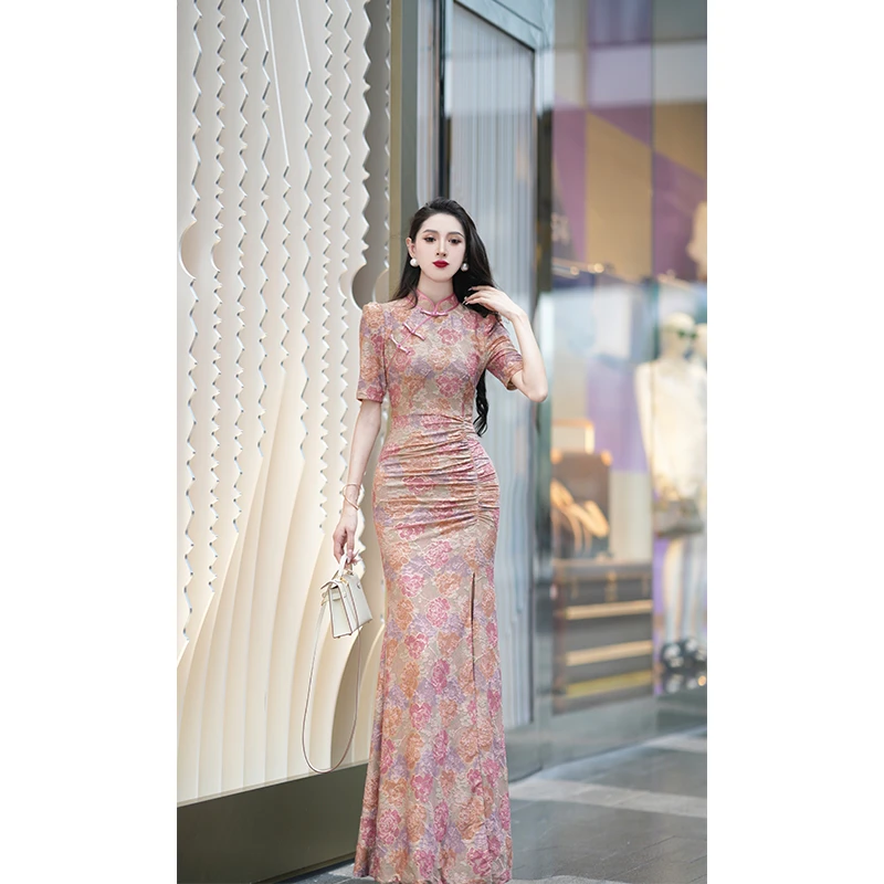尤克菲儿 轻奢高定网纱植绒烫金印花气质优雅新中式复古旗袍