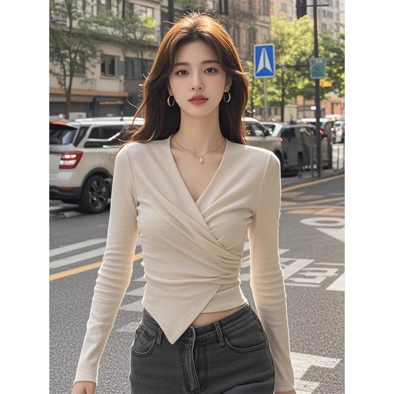 法式V领上衣德绒女士气质修身磨毛加厚不规则设计长袖T恤抗起球聚