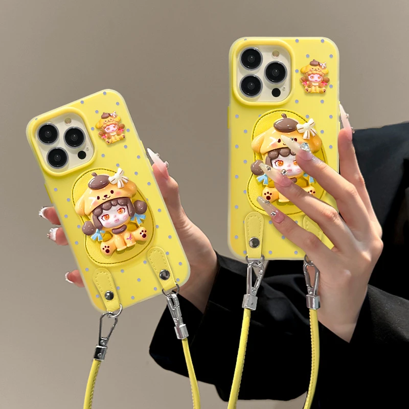 立体朵拉公仔支架适用苹果16果冻手机壳13promax挂绳15磨砂肤感14