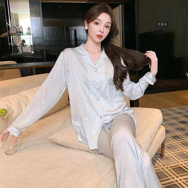 2025年女款睡衣女柔光软丝春季甜美舒适印花可外穿冰丝套装家居服