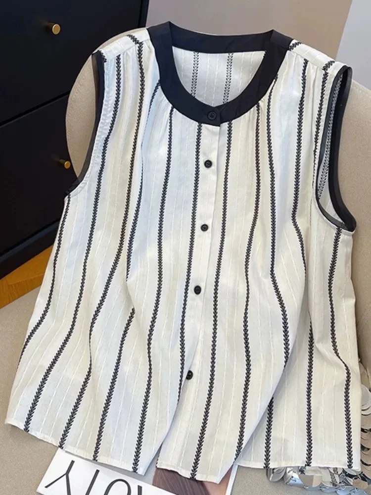 高级感条纹无袖衬衫女夏薄款2025新款宽松撞色小个子坎肩背心上衣