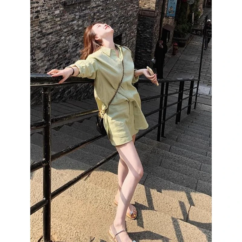 棉麻休闲衬衫套装女夏季韩版慵懒宽松时尚小个子防晒衣短裤两件套