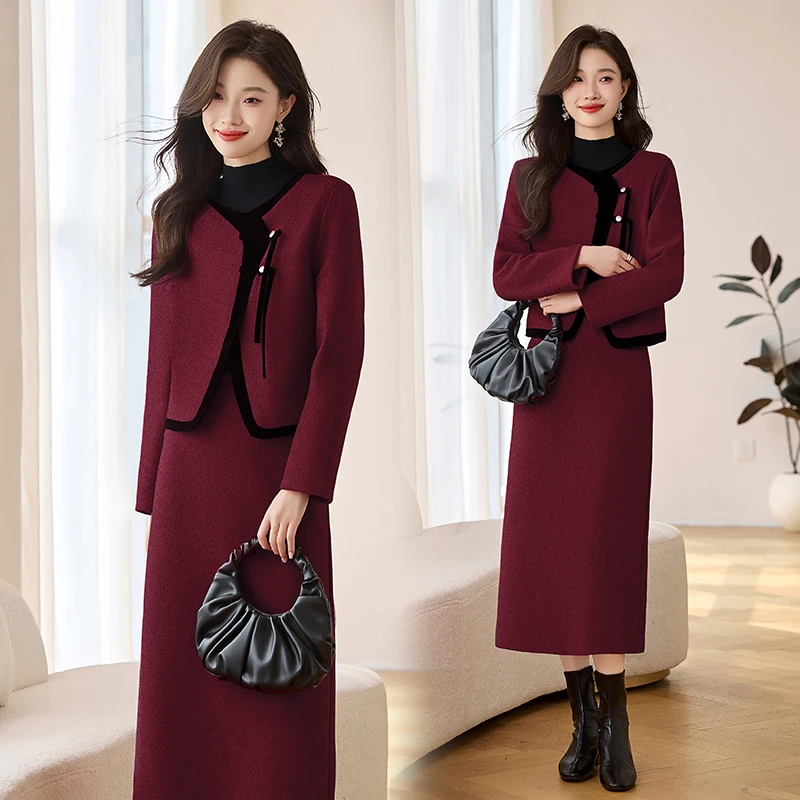 韩系优雅风轻职风小香风时尚套装冬季毛呢外套显瘦半身裙两件套