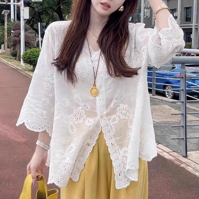 哥弟阿玛施正品大码蕾丝刺绣V领雪纺开衫防晒外套女2025年胖mm中