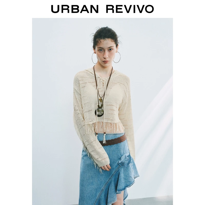 UR2026春季新款女装度假风连帽绑带流苏针织衫UYL950081