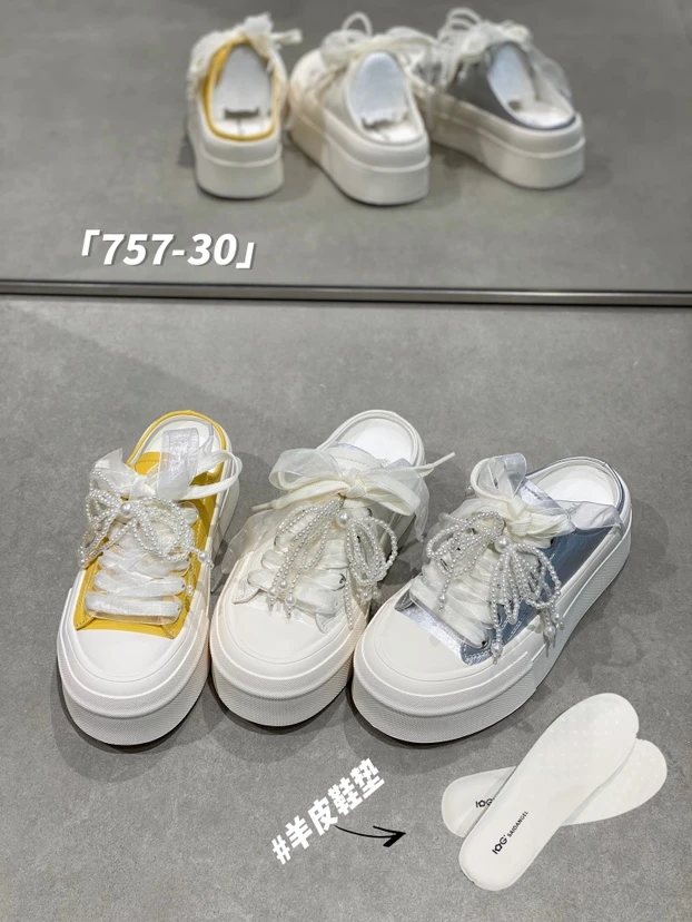 松糕厚底外穿欧货真皮外穿包头拖鞋2025春夏新款珍珠链系带小白鞋