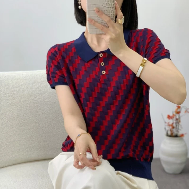 羊范老钱风撞色格纹POLO领短袖女士夏季薄款百搭100天丝莱赛尔T恤