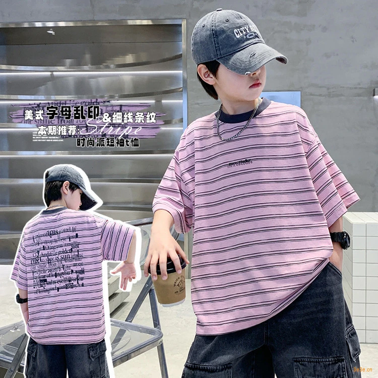 2025夏季夏装条纹洋气短袖T恤儿童时尚百搭中大童上衣男女童潮款