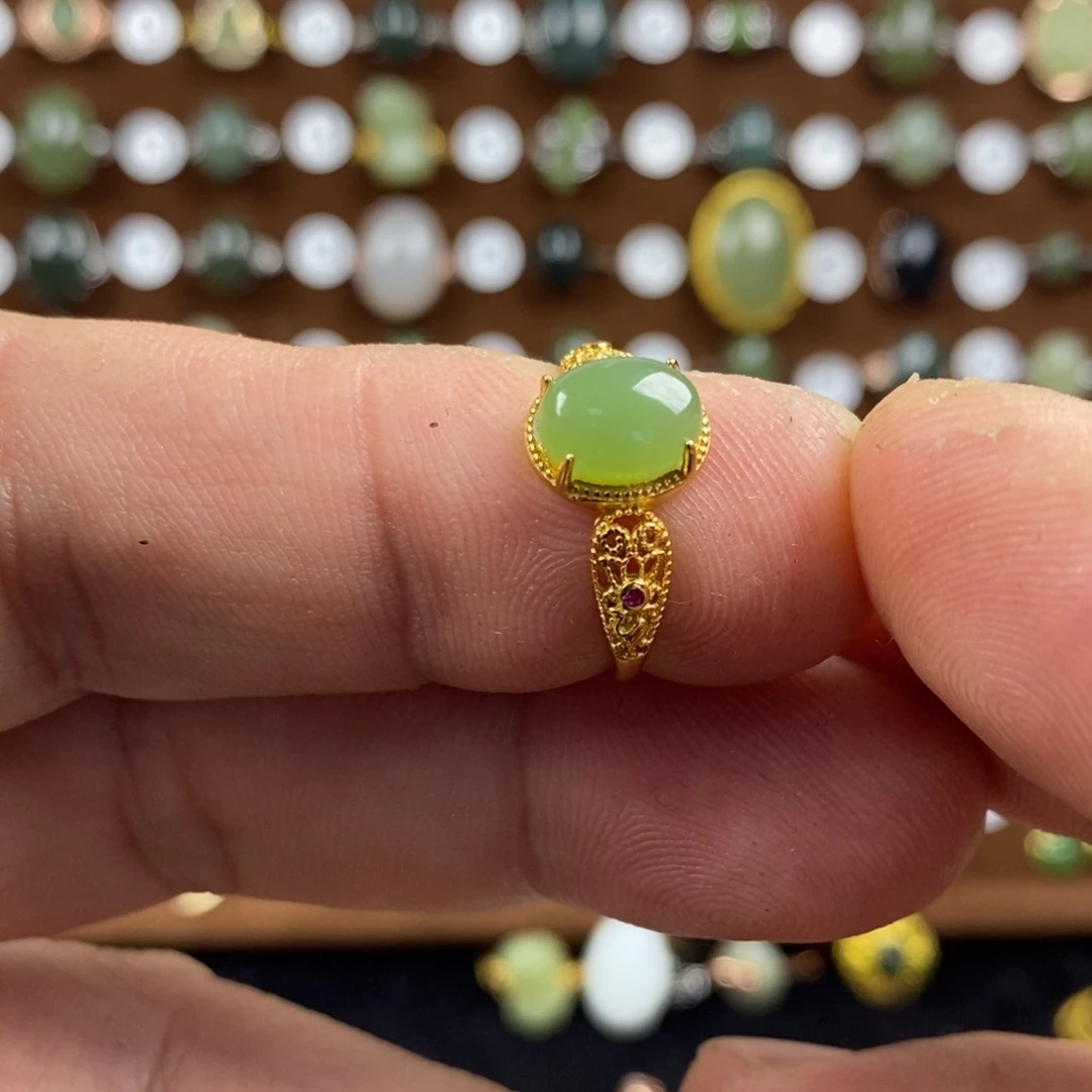 和田玉（碧玉）戒指银S925镀金镶嵌