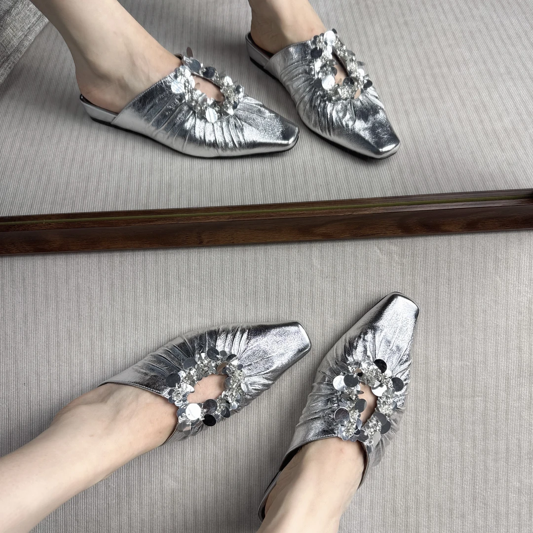 2025春夏新款闪耀银河小方头一脚蹬高跟鞋时尚百搭半拖鞋