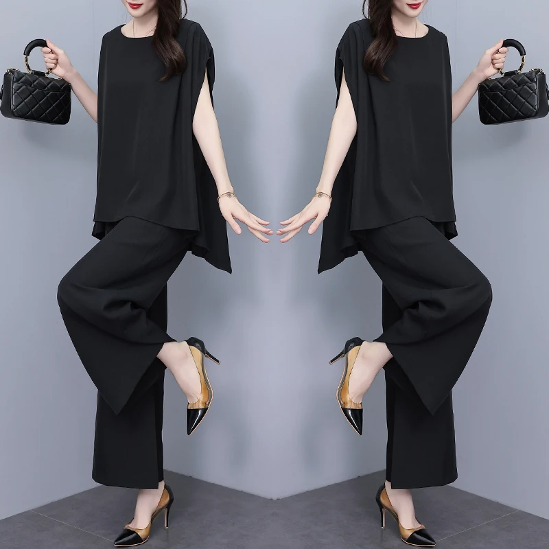 黑色时尚套装女夏季2025新款宽松阔腿裤蝙蝠袖减龄洋气大码两件套