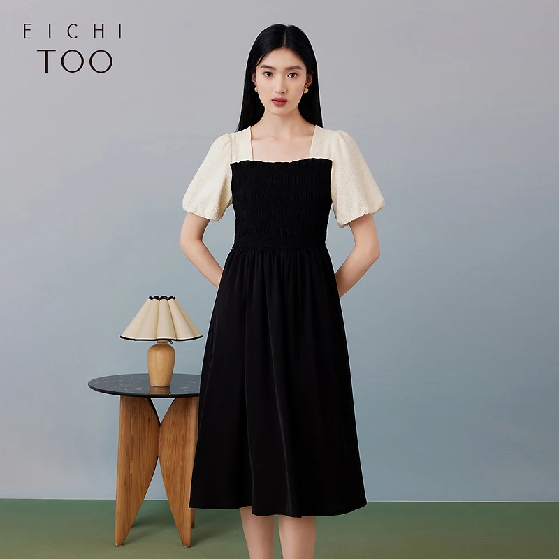 爱居兔夏季优雅气质时尚拼接款短袖连衣裙EQLBJ2P051A