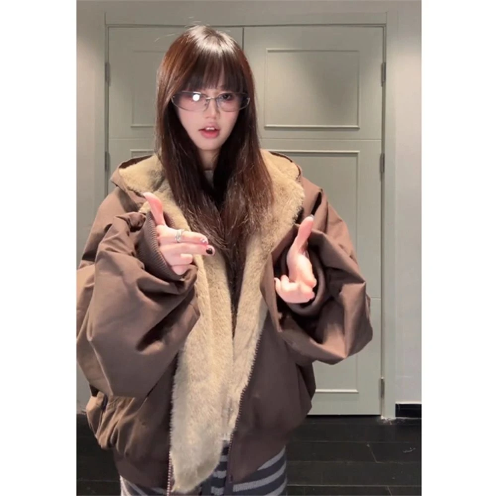 棕色仿貂毛座山雕棉服外套男女冬季加厚毛领连帽重磅帆布夹克棉衣