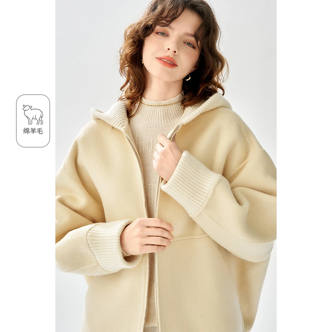 2025冬款拼接连帽短款毛呢外套洋气羊毛休闲双面呢大衣女N54JD014