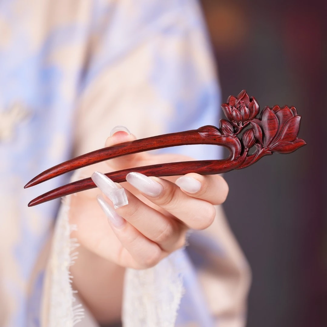 【玉堂春】原创古风玉兰花发簪绿檀木双钗新中式双面雕刻簪子头饰女