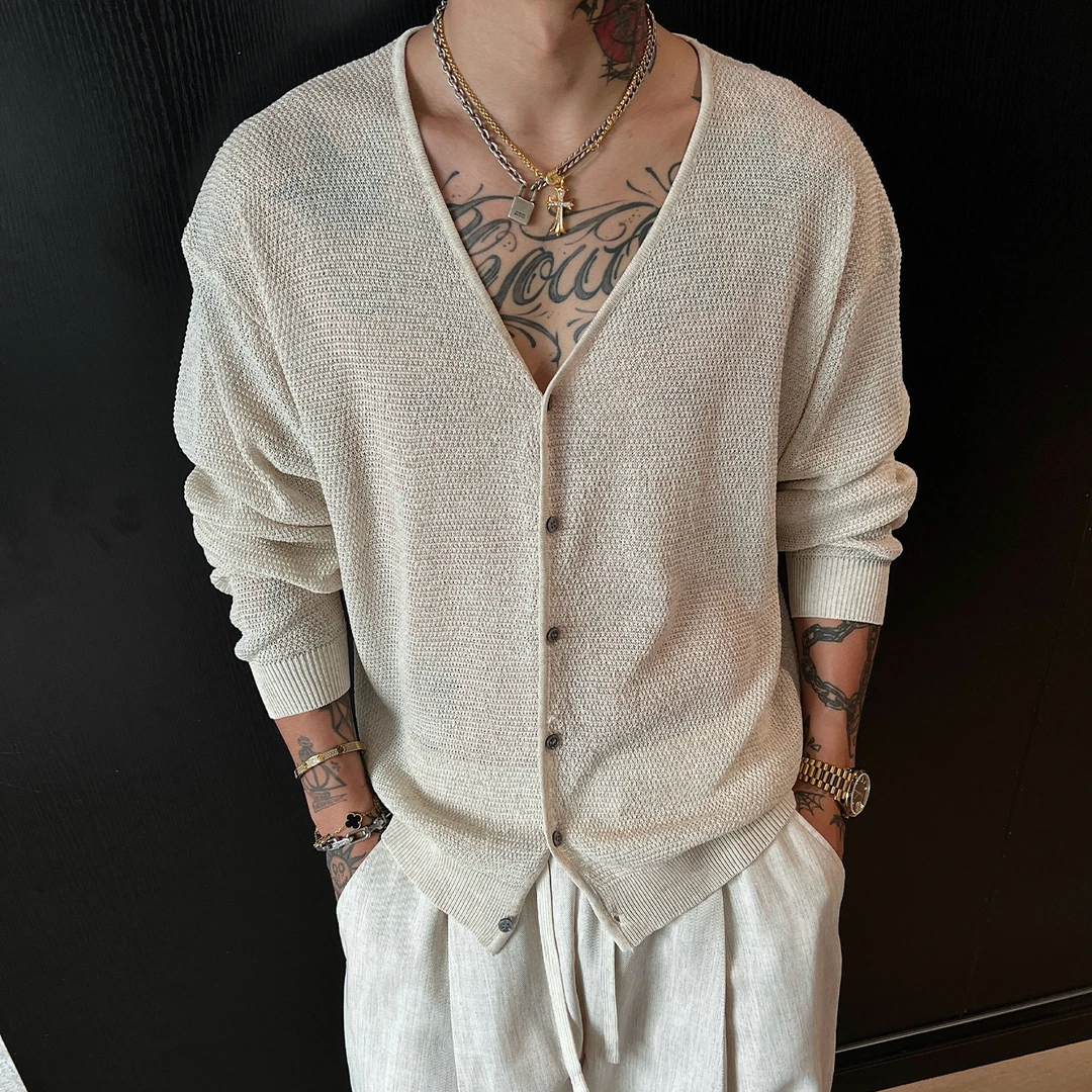 OXFREAK「天丝亚麻 三粒扣」老钱风V领针织开衫男高级感修身毛衣