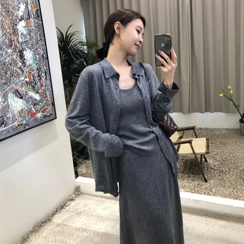 三件套~慵懒风早秋休闲风吊带通勤风上衣时尚套装显瘦长袖绵羊毛