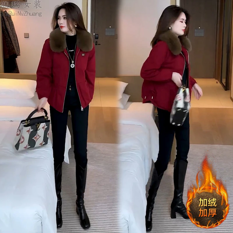 秋冬棉衣长袖拼接网红上衣女2025冬季新款加绒加厚款休闲宽松棉服